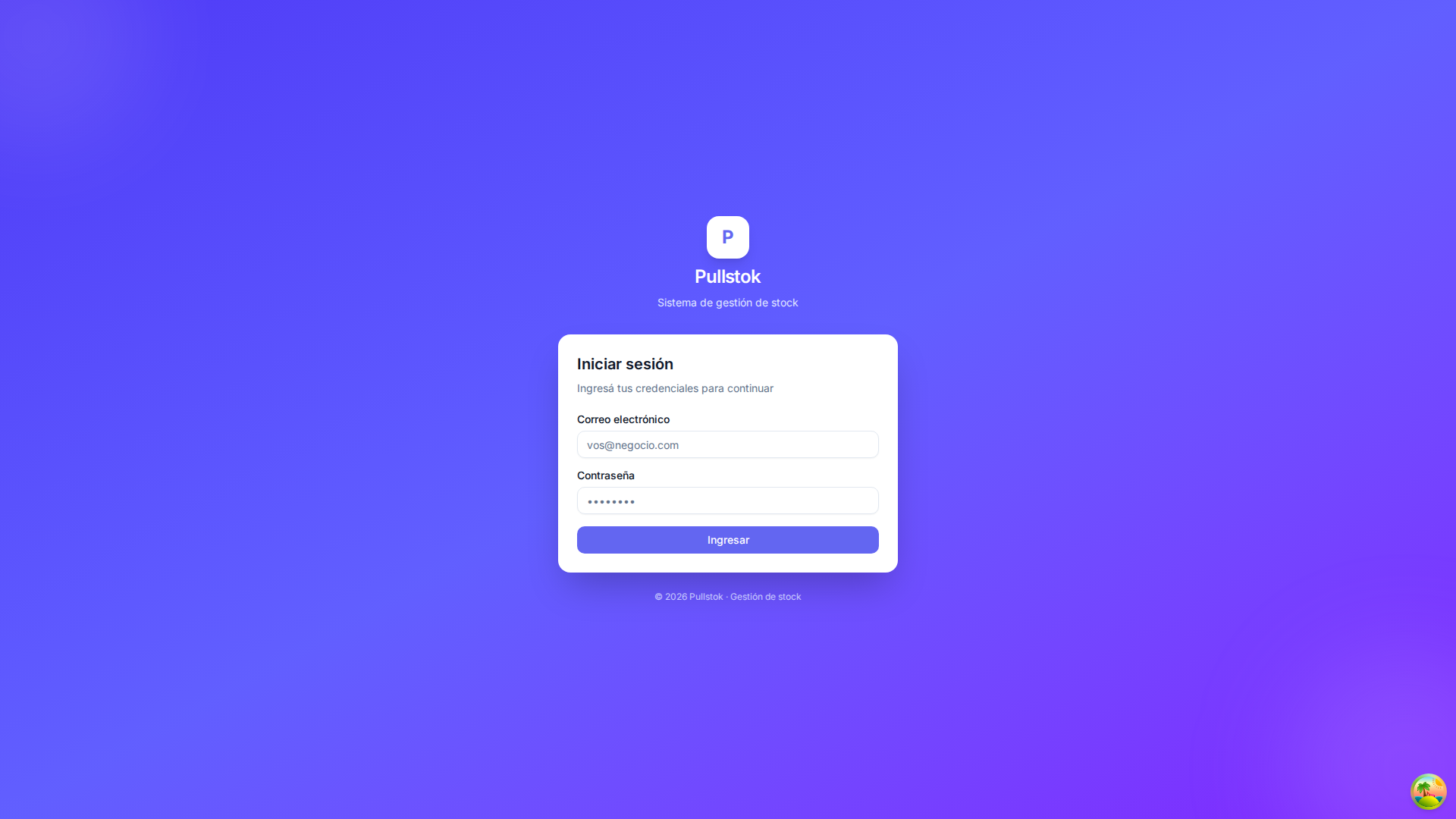 Pantalla de login de Pullstok